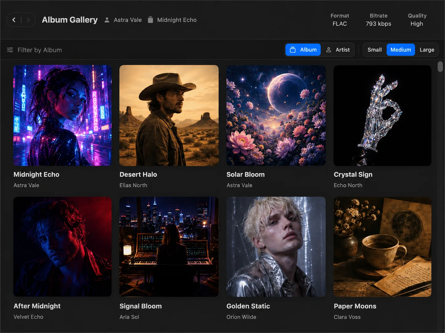 Mixo Player Album Gallery showing album artwork, artist names, album filters, and FLAC playback details.
