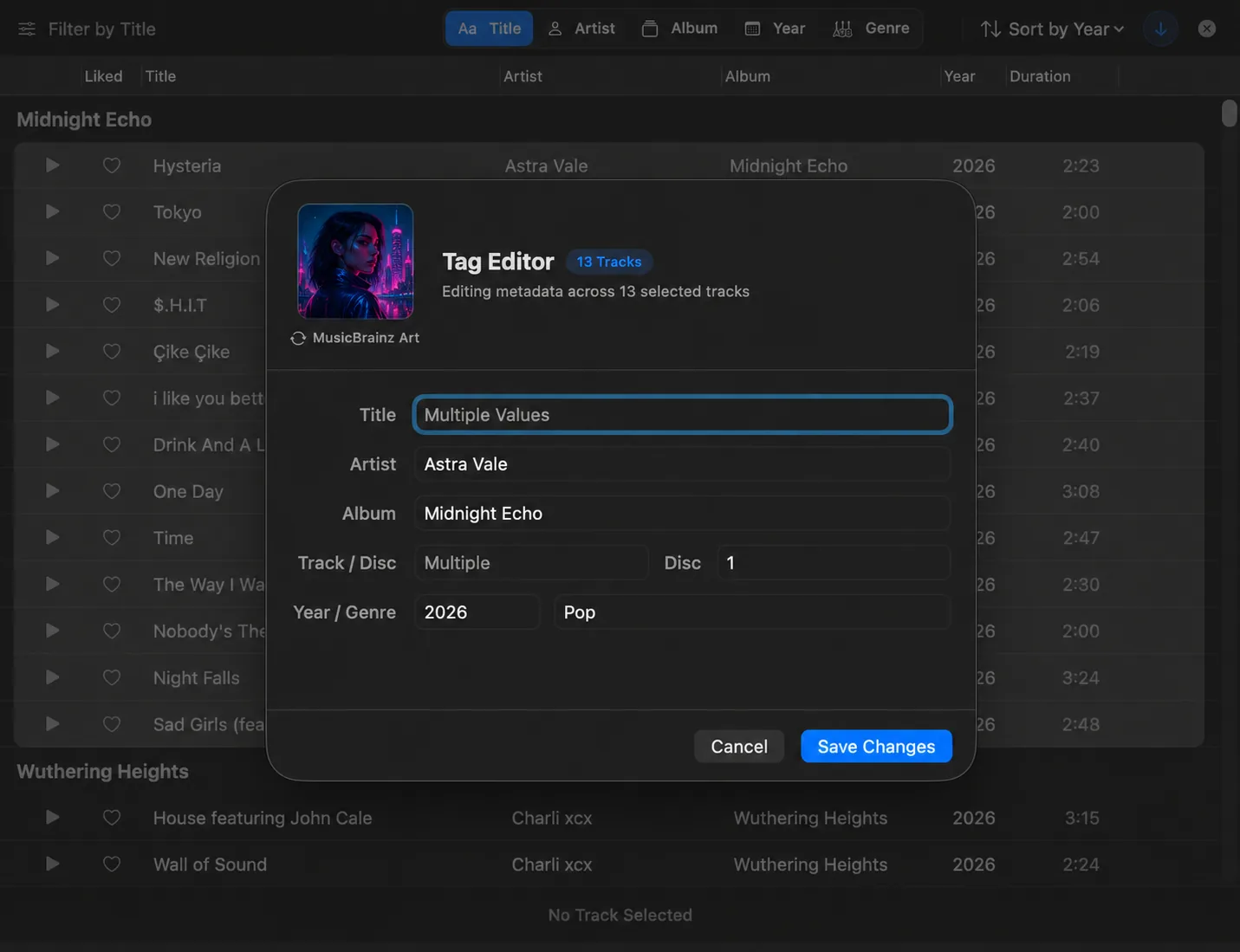 Mixo Player metadata editor with editable track fields and album artwork.