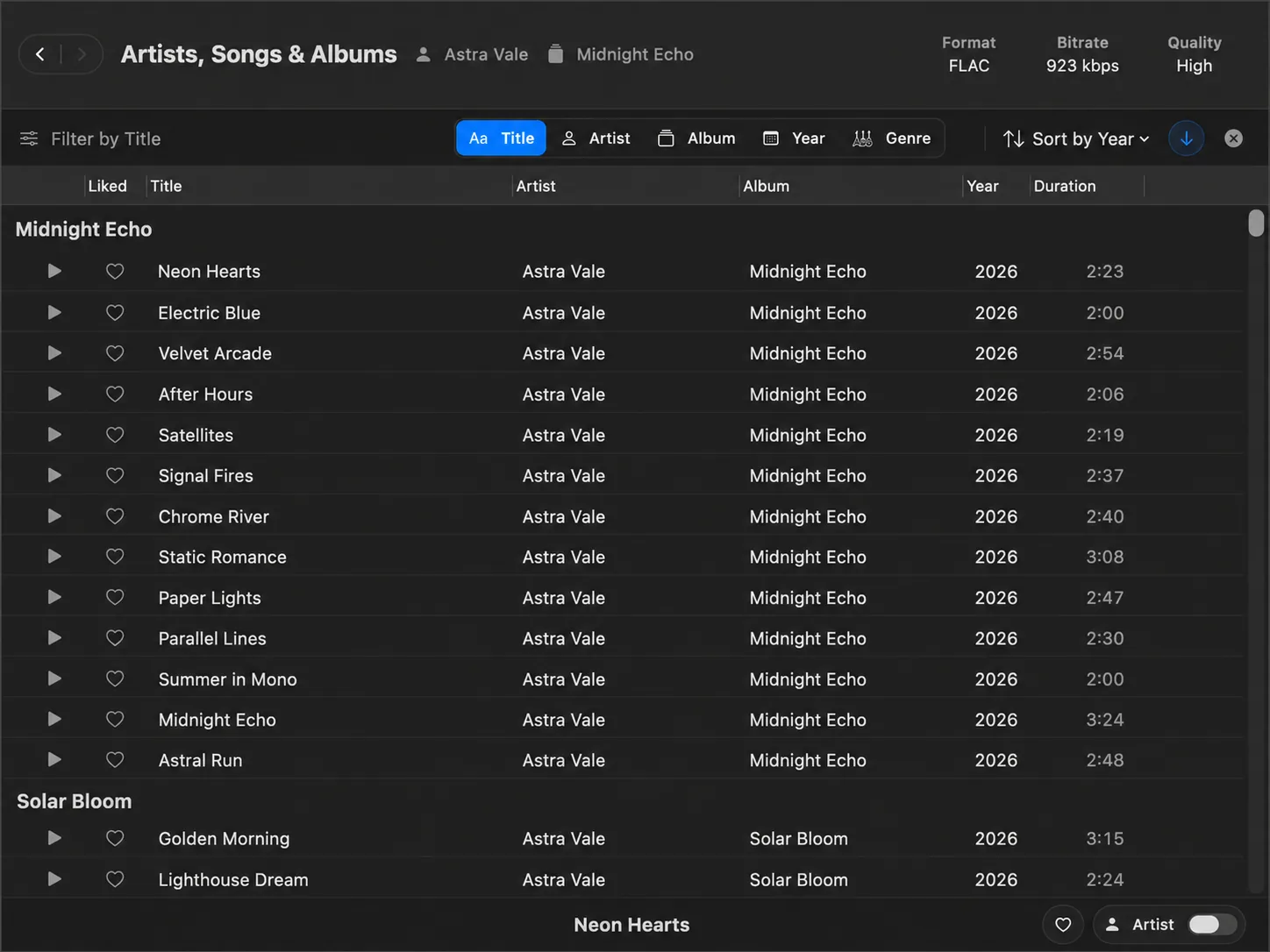 Mixo Player song library with track metadata, album grouping, and playback controls.